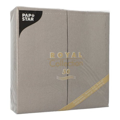 Μια σφραγισμένη συσκευασία με 50 γκρι PAPSTAR Πετσέτες από τη «ROYAL Collection», διπλωμένες σε 1/8, 40 x 40 εκ. – ιδανικές για κομψά στρωμένα τραπέζια.