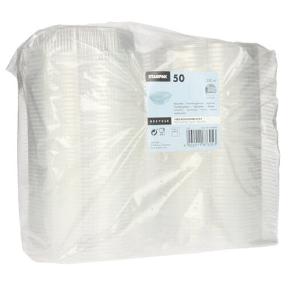 Μια διαφανής πλαστική συσκευασία περιέχει 50 οκταγωνικά διαφανή κύπελλα PP μιας χρήσης με καπάκι από την Starpak. Η ετικέτα περιέχει το εμπορικό σήμα Starpak, λεπτομέρειες προϊόντος και πληροφορίες ανακύκλωσης σε πολλές γλώσσες.