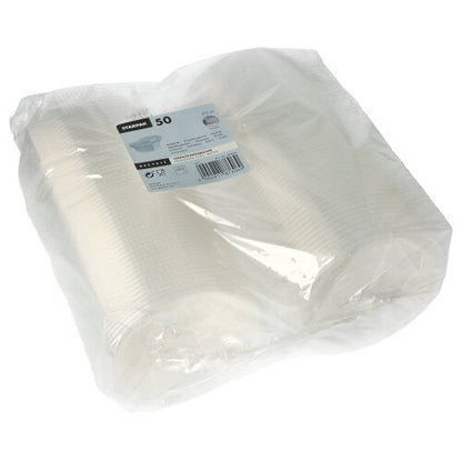 Μια σφραγισμένη πλαστική συσκευασία με 50 κύπελλα συσκευασίας Starpak με καπάκια, PP, διαφανές, οκταγωνικό, κάθε κύπελλο με ετικέτα ποσότητας και πληροφορίες προϊόντος.