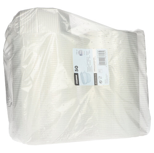 Μια διαφανής πλαστική συσκευασία με 50 κύπελλα συσκευασίας Starpak με καπάκια, διαφανή οκταγωνικά κύπελλα PP, διαθέτει μια ορθογώνια λευκή ετικέτα με πληροφορίες προϊόντος και έναν γραμμωτό κώδικα.