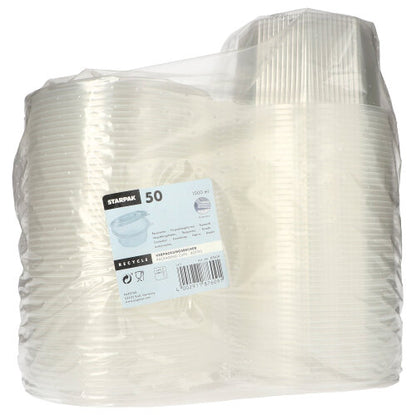 Τα κύπελλα συσκευασίας Starpak 50 με καπάκια είναι διαφανή, οκταγωνικά κύπελλα μιας χρήσης από PP, συσκευασμένα σε διαφανές πλαστικό δοχείο με ετικέτα με λεπτομερείς πληροφορίες προϊόντος, ποσότητες και πληροφορίες ανακύκλωσης.