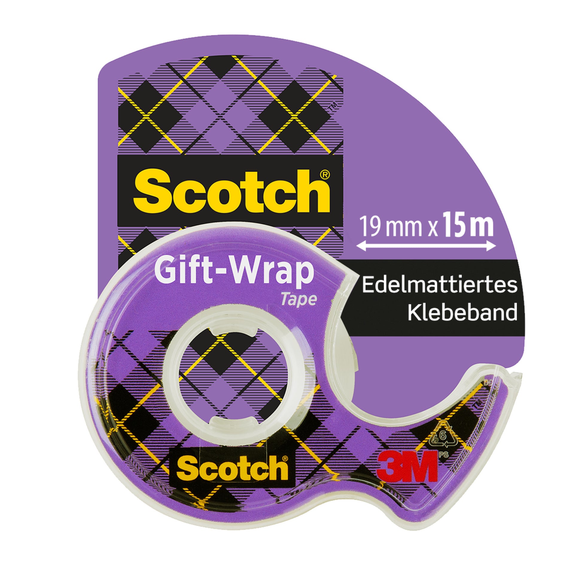 A 3M Scotch® Geschenk-Klebeband im Handabroller, CAT 15, 19 mm x 15 m (Packung mit 1 Rolle), im klaren Kunststoffspender und mit lila Argyle-Muster sowie englischem und deutschem Text auf dem Etikett.
