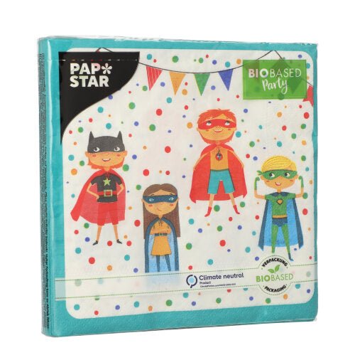 PAPSTAR 20 χαρτοπετσέτες, 33 x 33 cm, 3-στρώσεων από την PAPSTAR GmbH: Πολύχρωμο σχέδιο με παιδιά υπερήρωες σε λευκό φόντο με κουκκίδες και γιρλάντες. Η συσκευασία τονίζει τη χρήση βιολογικών υλικών.