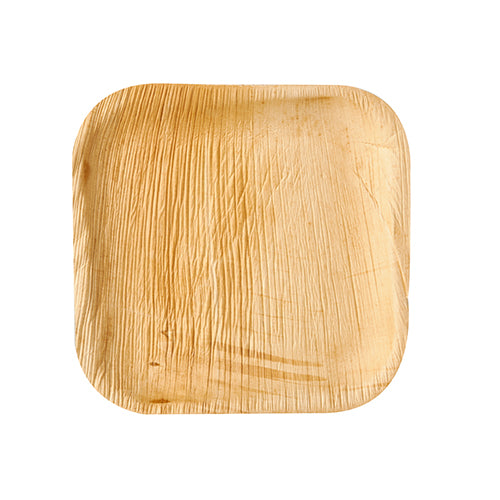 Το PAPSTAR 6 πιάτο «pure» τετράγωνο από φύλλο φοίνικα της PAPSTAR GmbH είναι ένα φιλικό προς το περιβάλλον πιάτο μιας χρήσης με εμφανή υφή και στρογγυλεμένες γωνίες, παρουσιάζεται σε λευκό φόντο.