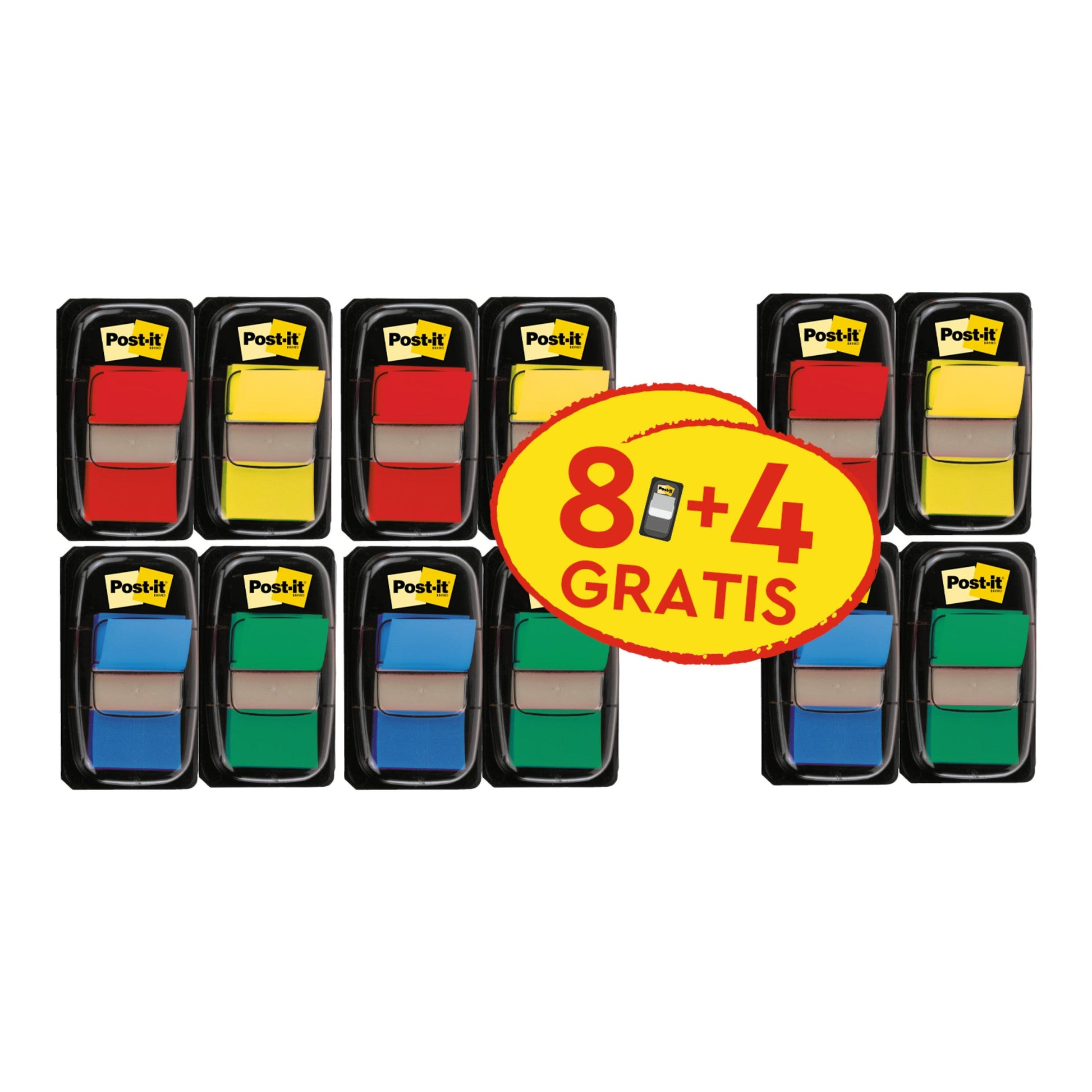 Zehn Packungen 3M Post-it® Index Haftstreifen, Standard (25,4 mm x 43,2 mm), in sortierten Farben sind abgebildet. In der Mitte befindet sich ein gelbes und rotes "8+4 GRATIS"-Etikett für die effiziente Organisation von Dokumenten. 50 Streifen/Spender, 8 Spender + 4 gratis/Set.
