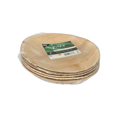 Ένα στοίβαγμα στρογγυλών PAPSTAR 6 πιάτων από φύλλο φοίνικα "pure" της PAPSTAR GmbH, ανοιχτό καφέ σε φυσική ξυλώδη εμφάνιση, συσκευασμένα σε πλαστική συσκευασία με ετικέτα προϊόντος - ιδανικό ως φιλικό προς το περιβάλλον σερβίτσιο για κάθε περίσταση.