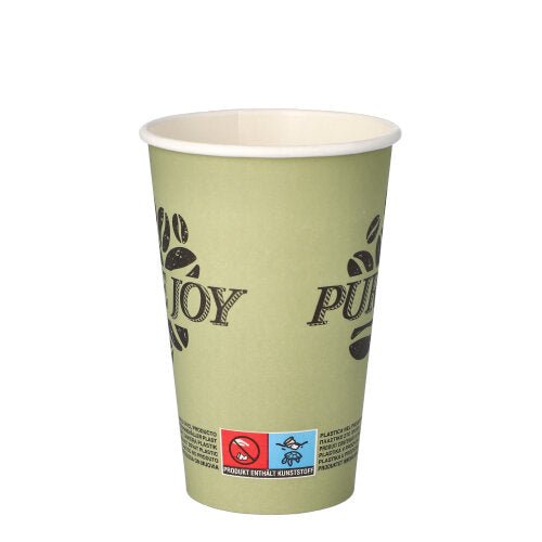 Το PAPSTAR 50 ποτήρια μιας χρήσης, χαρτόνι 0,3l της PAPSTAR GmbH είναι ένα ανοιχτό πράσινο ποτήρι μιας χρήσης με την επιγραφή «PURE JOY» και κόκκους καφέ καθώς και μια μικρή ετικέτα με σύμβολα και κείμενο στο κάτω μέρος. Το ποτήρι είναι άδειο και απεικονίζεται όρθιο σε λευκό φόντο.