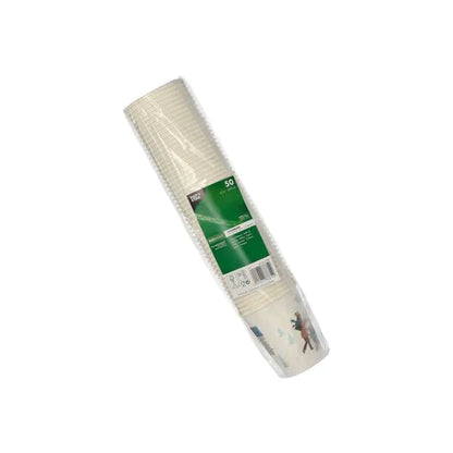 Ένας στοίβας πλαστικά συσκευασμένων 50 λευκών PAPSTAR 0,2l χαρτινών ποτηριών μιας χρήσης της PAPSTAR GmbH, μερικώς με μικρή εκτύπωση - ιδανικό ως πρακτικά ποτήρια πάρτι ή για εκδηλώσεις.