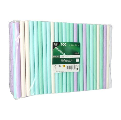 Eine transparente Kunststoffpackung mit 200 PAPSTAR Bubble Tea Halme Papier-Trinkhalmen (Ø 12 mm, 20 cm), sortiert in Pastellfarben, ideal für Bubble Tea; mit grünem Frontetikett mit Produktdetails. Marke: PAPSTAR GmbH.