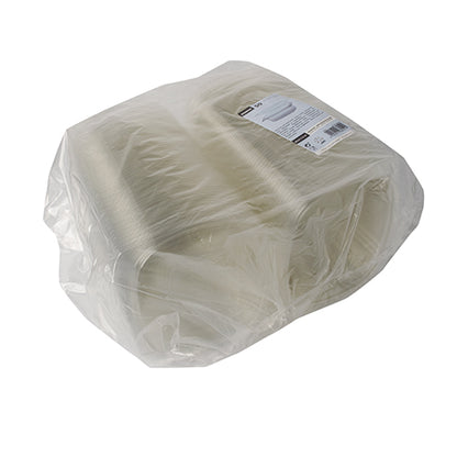 Ένας μεγάλος σωρός Starpak 50 γκουρμέ και σαλάτες με καπάκι, R-PET διαφανές οβάλ, συσκευασμένος σε διαφανές περιτύλιγμα με λευκή ετικέτα στην κορυφή.