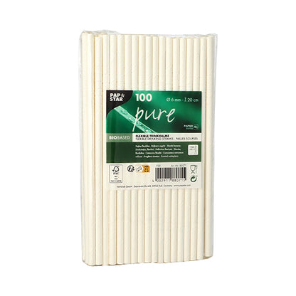 Eine transparente Verpackung der PAPSTAR GmbH enthält 100 „pure“ Papier-Trinkhalme (Ø 6 mm, 20 cm), aufrecht präsentiert mit einem grünen Etikett mit dem Hinweis „biobased“. Dicht verpackt sind diese Strohhalme eine umweltfreundliche Alternative.