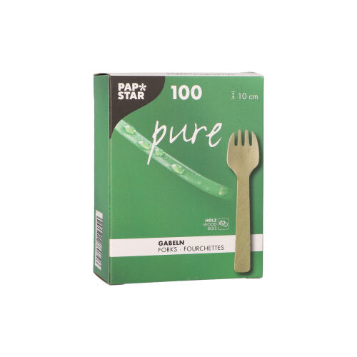 Ένα πράσινο-λευκό κουτί της PAPSTAR GmbH με την επιγραφή "Holz-Gabeln pure" περιέχει 100 φιλικά προς το περιβάλλον, ανθεκτικά ξύλινα πιρούνια (10 cm) με εικόνα πιρουνιού και το κείμενο "Gabeln/Fourchettes" στην μπροστινή πλευρά.