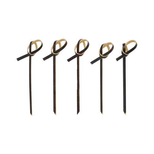 Πέντε PAPSTAR 250 Fingerfood - Picker της PAPSTAR GmbH σε μαύρο με ανοιχτό καφέ διακοσμητικά στοιχεία στην κορυφή, τοποθετημένα σε σειρά σε λευκό φόντο.