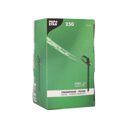 Ένα πράσινο κουτί με την επιγραφή «PAPSTAR GmbH» περιέχει 250 οικολογικά, βιοδιασπώμενα Fingerfood-Picker (καθένα 9 εκ.). Το κουτί PAPSTAR 250 Fingerfood-Picker δείχνει εικόνες προϊόντων και πολυγλωσσικές περιγραφές, συμπεριλαμβανομένων αγγλικών και γαλλικών.