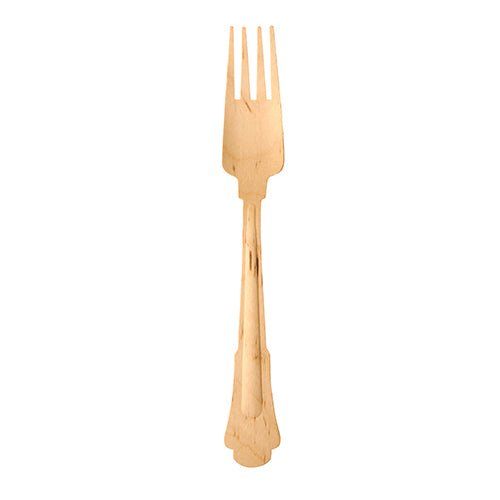 Μια PAPSTAR GmbH "καθαρή" ξύλινη πιρούνα (19,5 cm) με τρεις ακίδες απεικονίζεται σε λευκό φόντο και απεικονίζει το vintage σχέδιο και το φιλικό προς το περιβάλλον στυλ των πιρουνιών από ξύλο PAPSTAR (50 κομμάτια).