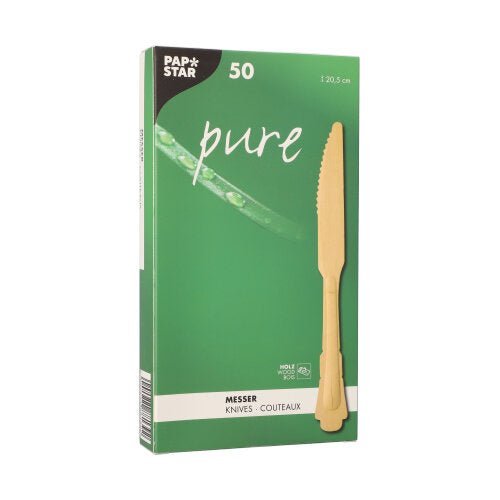 Ένα πράσινο κουτί με την επιγραφή "pure" της PAPSTAR GmbH περιέχει 50 ξύλινα μαχαίρια (20,5 cm) σε vintage σχεδιασμό σε δίσκο από χαρτί. Η μπροστινή πλευρά δείχνει ένα ξύλινο μαχαίρι, ένα φύλλο Αλόης Βέρα και κείμενο στα Γερμανικά, Αγγλικά και Γαλλικά.