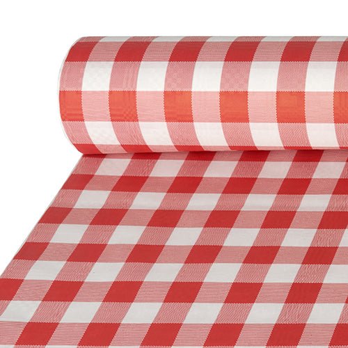 Ένας ρόλος PAPSTAR GmbH κόκκινο χαρτομάντιλο με ανάγλυφο δαμασκηνό σχέδιο, σχέδιο Vichy Karo (1 ρόλος), μερικώς ξετυλιγμένος, είναι ιδανικός για να φέρει κλασική κόκκινο-λευκή γοητεία σε κάθε στρωμένο τραπέζι.