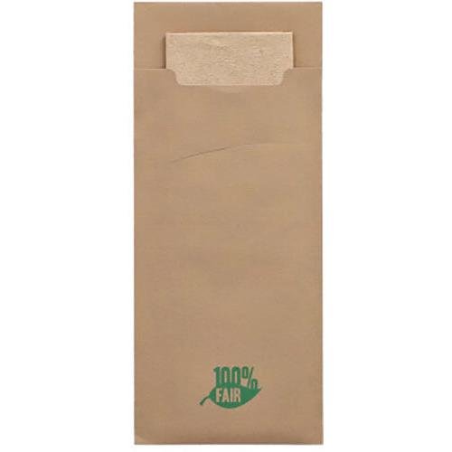 Μια καφέ PAPSTAR 520 θήκη μαχαιροπήρουνων (20 x 8,5 cm) από υλικό δύο στρώσεων με αντίστοιχη χαρτοπετσέτα και πράσινη ετικέτα "100% FAIR" στη βάση. Ιδανικό για μαχαιροπήρουνα, από την PAPSTAR GmbH.