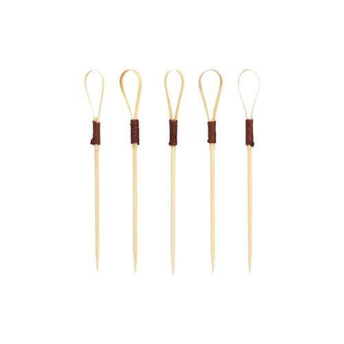 Fünf PAPSTAR 40 Fingerfood-Picker 10 cm „Loop“ der PAPSTAR GmbH sind vertikal in einer Reihe angeordnet, jeweils mit einer umweltfreundlichen Schlaufenspitze, die durch eine dunkelbraune Folie gesichert ist, auf einem schlichten weißen Hintergrund.