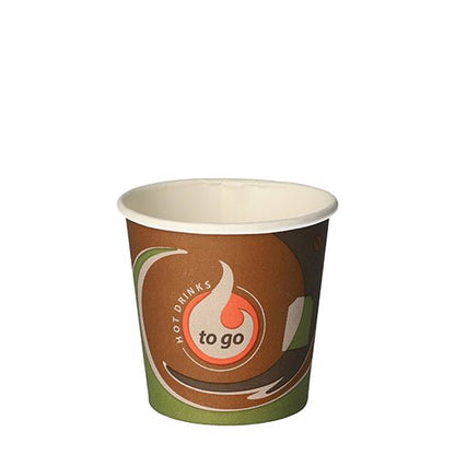 Ένα μικρό χάρτινο κύπελλο Starpak „To Go“ (0,1 l, Ø 6,3 cm) με καφέ, πράσινο και λευκό σχέδιο καθώς και το κείμενο „Hot Drinks to go“ – ιδανικό για ζεστά και κρύα ροφήματα εν κινήσει. Το άδειο κύπελλο απεικονίζεται σε λευκό φόντο. 80 τεμάχια/συρρικνωμένο φιλμ.