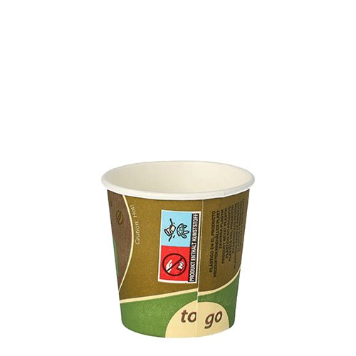 Το χάρτινο κύπελλο Starpak „To Go“ (0,1 l, Ø 6,3 cm, 6 cm) ξεχωρίζει για το πράσινο-καφέ σχέδιό του και την επιγραφή „To Go“. Παράδοση άδειο σε συσκευασίες των 80 σε συρρικνωμένο φιλμ· δεν είναι κατάλληλο για φούρνο μικροκυμάτων. Απεικονίζεται απομονωμένο σε λευκό φόντο.