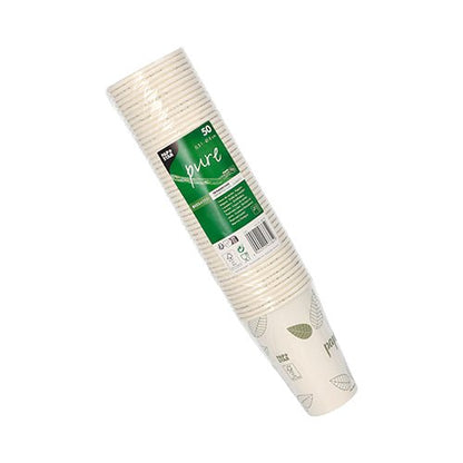 Τα PAPSTAR 50 ποτήρια, χαρτί «pure» «ZERO» της PAPSTAR GmbH είναι συσκευασμένα σε καθαρή μεμβράνη με πράσινη ετικέτα και χαρακτηρίζουν βιοδιασπώμενα ποτήρια με απλό σχέδιο φύλλων από βιώσιμα υλικά.