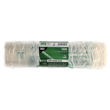 Ένα ρολό με 100 PAPSTAR τσάντες μεταφοράς από διαφανή βιολογική μεμβράνη (σακούλες κόμβου) είναι συσκευασμένο σε μεμβράνη και φέρει πράσινη και λευκή ετικέτα με λεπτομέρειες προϊόντος καθώς και οικολογικά σύμβολα.