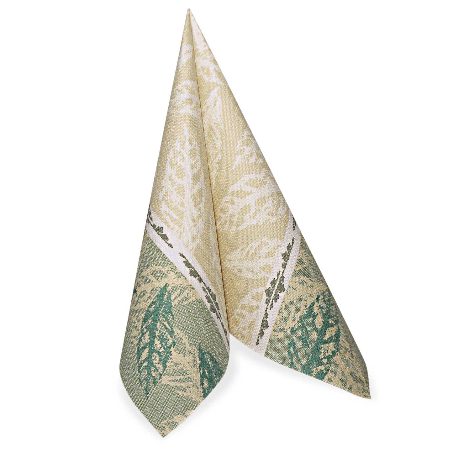 Eine Serviette der PAPSTAR GmbH aus der "ROYAL Collection", 40 x 40 cm, 1/4-Falz in grün, steht aufrecht vor einem weißen Hintergrund. Die Packung enthält 50 Servietten.