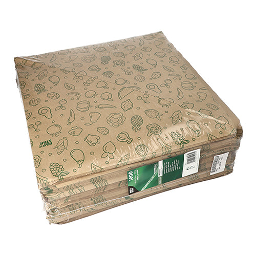 Ein Stapel PAPSTAR 1000 Spitztüten, braunes Kraftpapier „Fruits & Vegs“ von PAPSTAR GmbH, mit grünen Obst- und Gemüseillustrationen, in transparenter Folie verpackt und seitlichem grün-weißem Etikett.