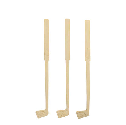 Τρεις PAPSTAR 100 αναδευτήρες ποτών από μπαμπού «pure» της PAPSTAR GmbH, σε σχήμα μπαστουνιών γκολφ, στέκονται όρθιοι σε σειρά μπροστά από λευκό φόντο.