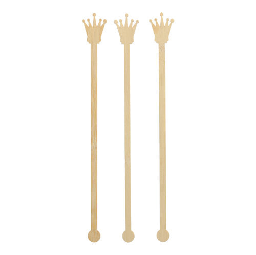 Τρεις PAPSTAR 100 αναδευτήρες ποτών από μπαμπού της PAPSTAR GmbH στέκονται όρθιοι. Κάθε απλός αναδευτήρας έχει κορυφή σε σχήμα κορώνας, στρογγυλή βάση και είναι ελεύθερος από πρόσθετα χρώματα ή διακοσμήσεις.