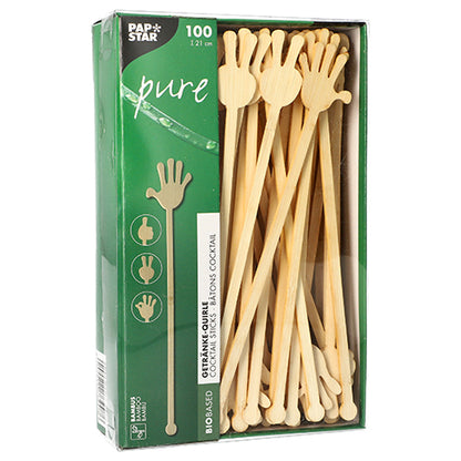 PAPSTAR 100 αναδευτήρες ποτών, μπαμπού «pure» από την PAPSTAR GmbH: 100 φιλικά προς το περιβάλλον, βιοδιασπώμενα ξυλάκια μπαμπού (21 cm), με χειροποίητη μορφή στο ένα άκρο, σε πράσινο κουτί - βιολογικής βάσης και βιώσιμα.