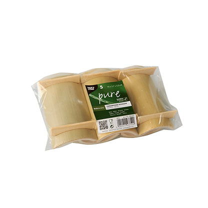 Ένα σετ από πέντε τετράγωνους PAPSTAR δίσκους fingerfood από μπαμπού "pure", 10x5,7 cm ο καθένας, σε συσκευασία με πράσινη ετικέτα από την PAPSTAR GmbH - ιδανικό για σάλτσες και σνακ.