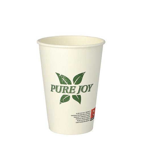 Ένα λευκό PAPSTAR χάρτινο ποτήρι (0,25 l, Ø 8 cm, 10,8 cm ύψος) με πράσινο μοτίβο φύλλου και το κείμενο "Καθαρή Χαρά" καθώς και ένα μικρό σύμβολο και μπλοκ κειμένου στο κάτω μέρος. Πωλείται σε πακέτο των 50 από την PAPSTAR GmbH.