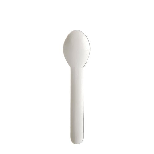 Ένα PAPSTAR κουτάλι καφέ "pure" (13 cm, λευκό, φιλικό προς το περιβάλλον) από τη συσκευασία των 20 της PAPSTAR GmbH φαίνεται κάθετα μπροστά σε λευκό φόντο.