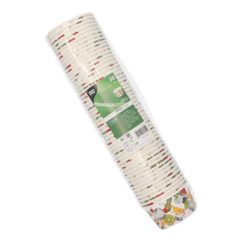 Die 50 Eisbecher „Pappe rund“ der PAPSTAR GmbH werden in einer Kunststoffverpackung mit grünem Etikett geliefert und zeigen illustrierte Gemüsemotive – perfekte Einweg-Pappschalen für Desserts oder als Eisbecher bei Ihrer nächsten Zusammenkunft.