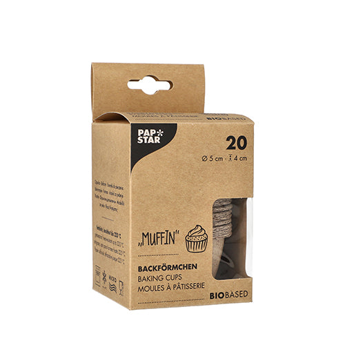 Τα PAPSTAR 20 φορμάκια για μάφινς (διάμετρος 5 εκ., ύψος 4 εκ.) αποτελούνται από φυσικές ίνες και φλούδες κακάο. Συσκευασμένα σε κουτί με παράθυρο και πολυγλωσσικό ενημερωτικό υλικό. Μάρκα: PAPSTAR GmbH.