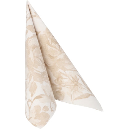 Μια χαρτοπετσέτα με λουλούδια σε χρώμα άμμου από τη συλλογή ROYAL της PAPSTAR GmbH (50 χαρτοπετσέτες, 1/4-πτυχή, 40 x 40 εκ.) είναι διπλωμένη σε μια όρθια μορφή κώνου μπροστά από ένα μονόχρωμο λευκό φόντο.