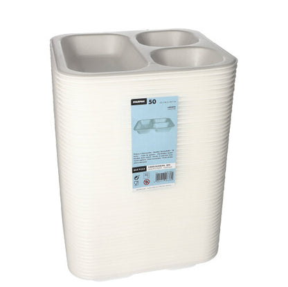 Μια στοίβα από Starpak 50 Siegelschalen - λευκοί, επικαλυμμένοι δίσκοι XPS με τρία διαμερίσματα (4,2 × 24,5 × 26,5 cm), τυλιγμένοι σε διαφανές πλαστικό και με μπλε ετικέτα - ιδανικοί για γαστρονομία και συσκευασία τροφίμων.