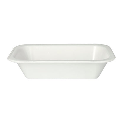 Die Starpak 100 Siegelschalen XPS-Schale aus weißem laminiertem Polystyrol mit leicht abgewinkelten Seiten und abgerundeten Ecken ist auf weißem Hintergrund abgebildet – ideal für den Einsatz in der Gastronomie.