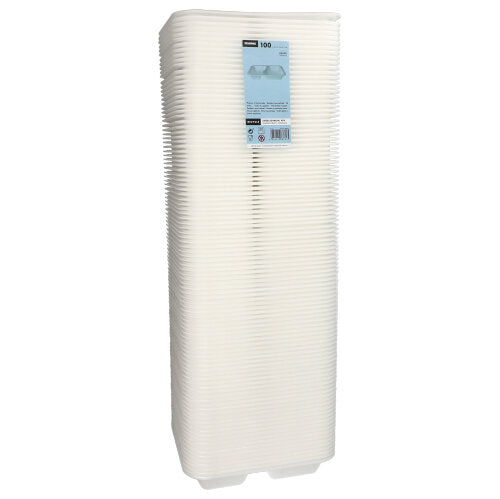 Ένας σωρός από 100 λευκά λαμιναρισμένα XPS-2-διαμερισμάτων δοχεία από την Starpak, που ονομάζονται «Starpak 100 Siegelschalen», παραδίδεται τυλιγμένος σε πλαστική μεμβράνη και με μια μπλε ετικέτα - τέλεια ως δοχείο τροφίμων.