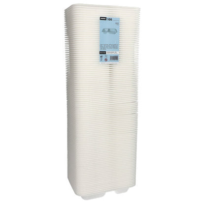 Ένας υψηλός σωρός από 100 Starpak Siegelschalen, XPS 2-διαμερισμάτων, λευκό λαμιναρισμένο, με μια ετικέτα στο μπροστινό μέρος. Τα λευκά, ορθογώνια δοχεία τροφίμων από την Starpak είναι καθαρά ευθυγραμμισμένα και συσκευασμένα μαζί.