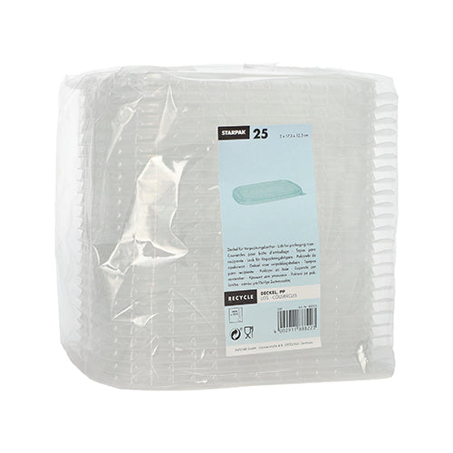 Μια συσκευασία με 25 ορθογώνια, διαφανή καπάκια Starpak PP για δοχεία συσκευασίας (1 x 17,3 x 12,3 cm) είναι τυλιγμένη σε πλαστικό και έχει στην μπροστινή πλευρά μια μπλε-λευκή ετικέτα με πληροφορίες προϊόντος και ανακύκλωσης.