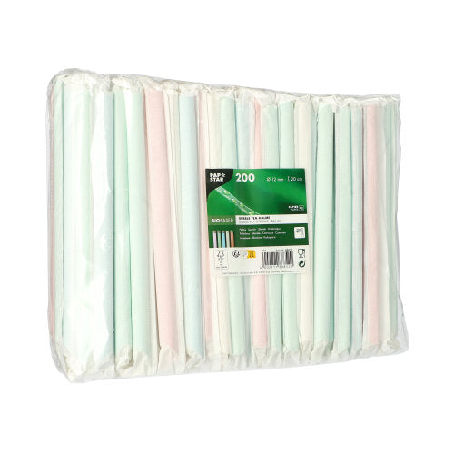 PAPSTAR GmbH 200 Bubble Tea Halme Papier Ø 12 mm, 20 cm, farbig sortiert & einzeln gehüllt in Folie – nachhaltige Trinkhalme im Kunststoffpaket mit Infos und Recycling-Symbolen, ideal für Bubble Tea Fans.