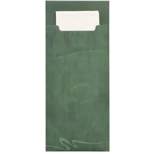 Οι PAPSTAR 520 θήκες μαχαιροπίρουνων (20 x 8,5 cm) της PAPSTAR GmbH διαθέτουν μια πράσινη χάρτινη θήκη με διακριτικό σχέδιο στροβίλου, στην οποία περιέχεται μια λευκή 2-στρώσεων πετσέτα (33 x 33 cm), που προεξέχει πάνω από το άνω άκρο της θήκης.