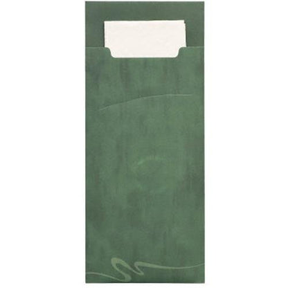 Οι PAPSTAR 520 θήκες μαχαιροπίρουνων (20 x 8,5 cm) της PAPSTAR GmbH διαθέτουν μια πράσινη χάρτινη θήκη με διακριτικό σχέδιο στροβίλου, στην οποία περιέχεται μια λευκή 2-στρώσεων πετσέτα (33 x 33 cm), που προεξέχει πάνω από το άνω άκρο της θήκης.