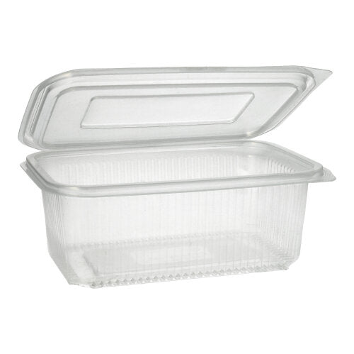 Der Starpak 50 Verpackungsbecher mit Klappdeckeln ist ein durchsichtiger, rechteckiger PP-Behälter mit gerippter Struktur und Scharnierdeckel, ideal für die sichere Aufbewahrung von Lebensmitteln.