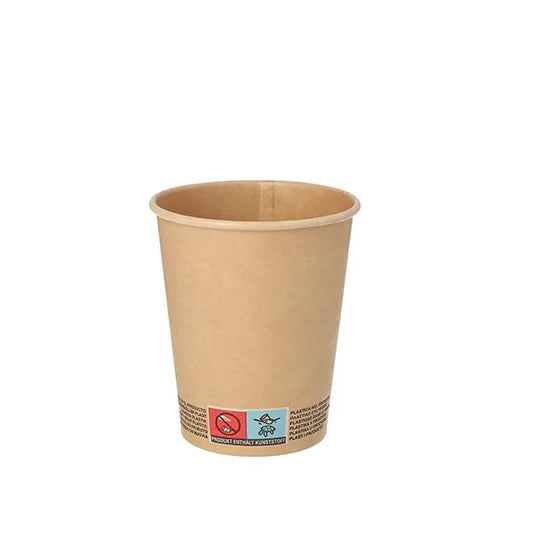 Ein PAPSTAR GmbH 50 Trinkbecher, Pappe 0,2 l Becher mit einem Warnhinweis in der Nähe des Bodens ist vor einem weißen Hintergrund abgebildet.