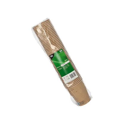 Μια διαφανής πλαστική συσκευασία με 50 ποτήρια της PAPSTAR GmbH, χαρτί 0,2 l, με μια πράσινη ετικέτα με πληροφορίες προϊόντος, βρίσκεται σε ένα απλό λευκό φόντο.