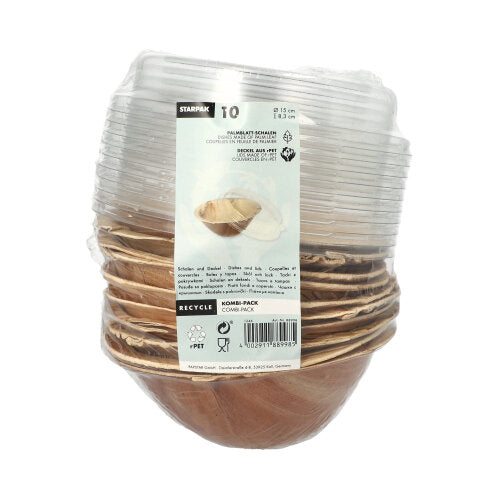 Starpak 10 Schalen, Palmblatt με καπάκι rPET "Kombipack": Ένα σετ φιλικών προς το περιβάλλον μιας χρήσης μπολ με ανακυκλωμένο καπάκι PET. Οι ετικέτες στο μπροστινό μέρος δείχνουν σύμβολα ανακύκλωσης και πληροφορίες προϊόντος.